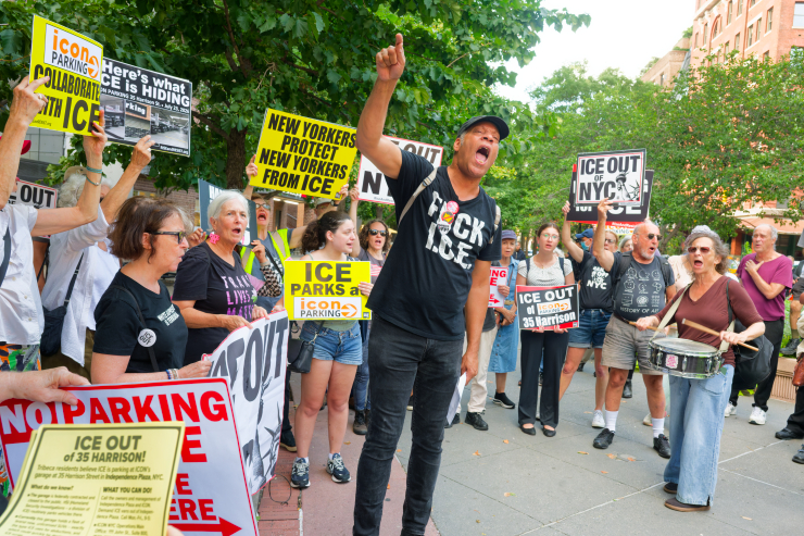 Jay W.,Walker of Rise and Resist leads the demonstration at Harrison and Greenwich streets before the protesters marched to the ICON garage around the corner. Photo: Carl Glassman/Tribeca Trib